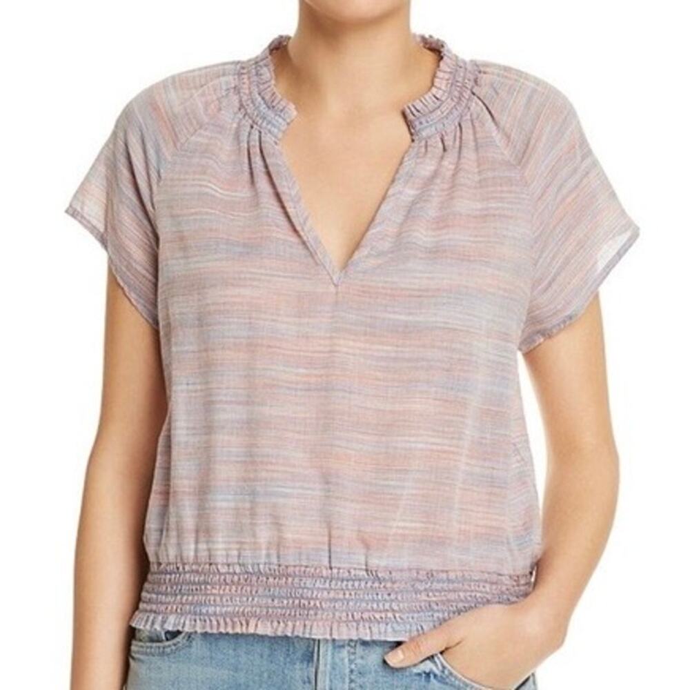Bella Dahl Striped Pink Blue Cotton V-Neck Short Sleeve Top Size XS